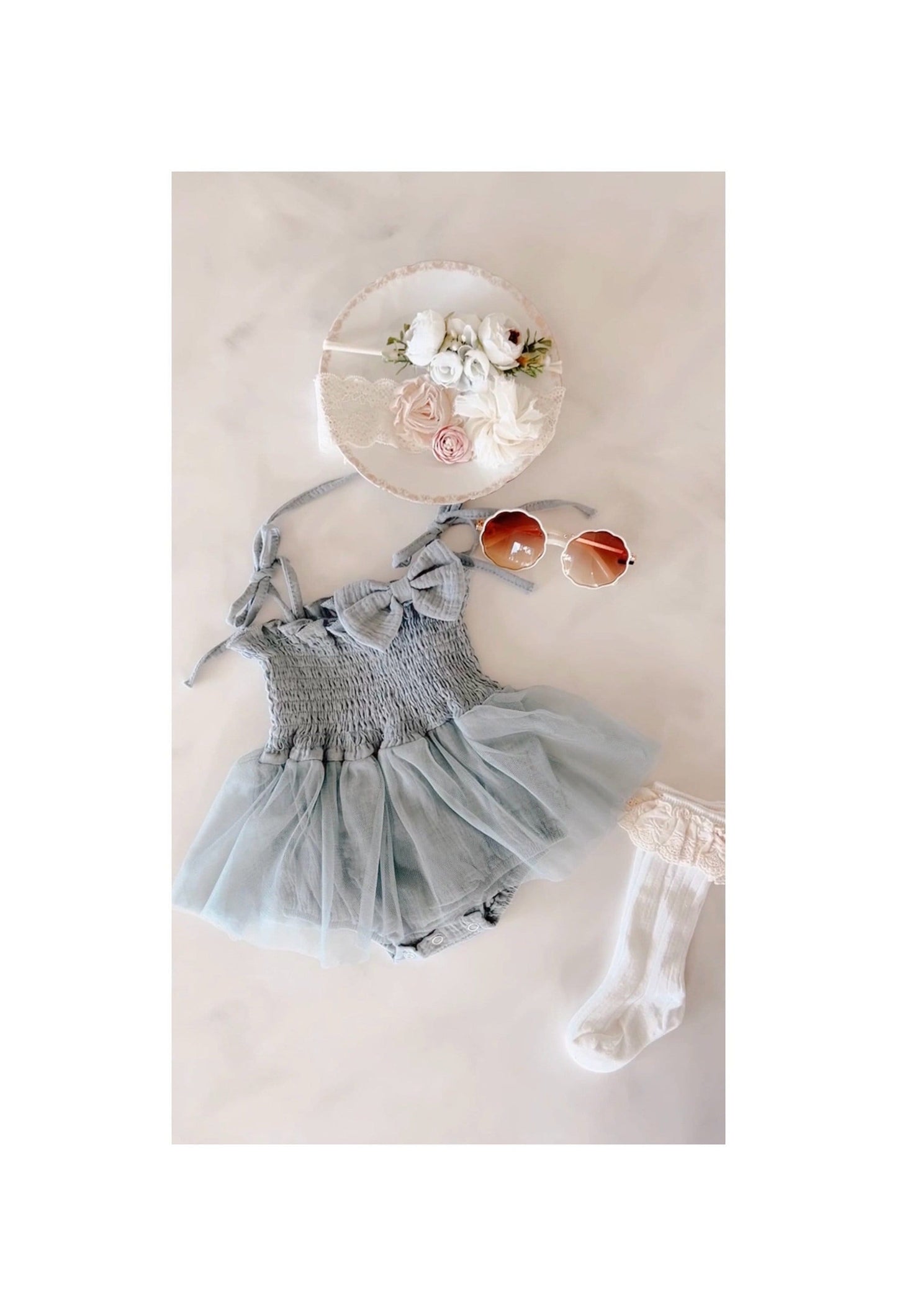 Easter Baby Girl Blue Boho Smocked Ballet Tutu Romper, Bow, Floral Crown Headband, Spring Summer 1st Birthday, Newborn Coming Home Ballerina