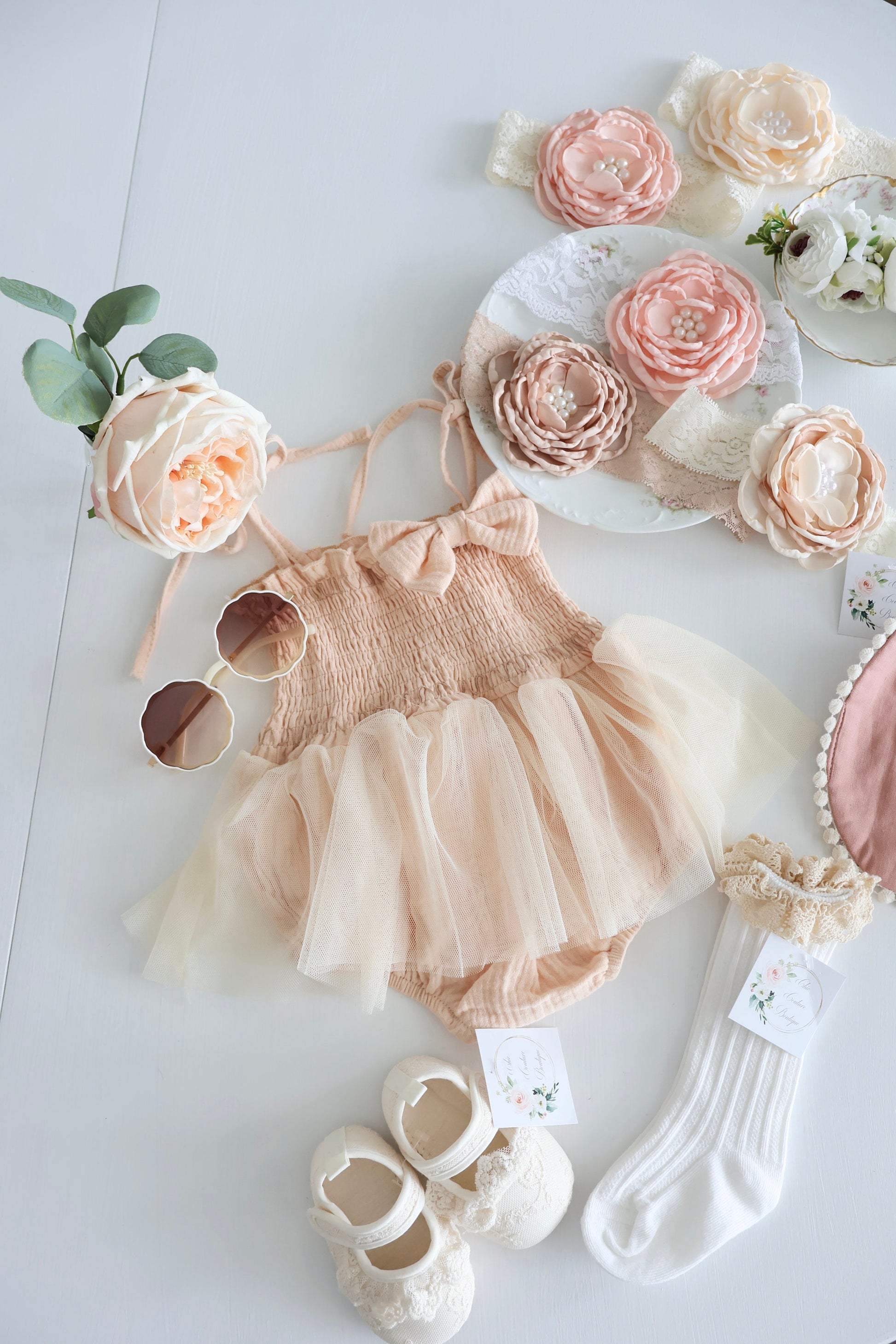 Baby Girl Christmas Boho Smocked Ballet Tutu Romper, Bow, Floral Crown Headband, Spring Summer 1st Birthday, Newborn Coming Home Ballerina