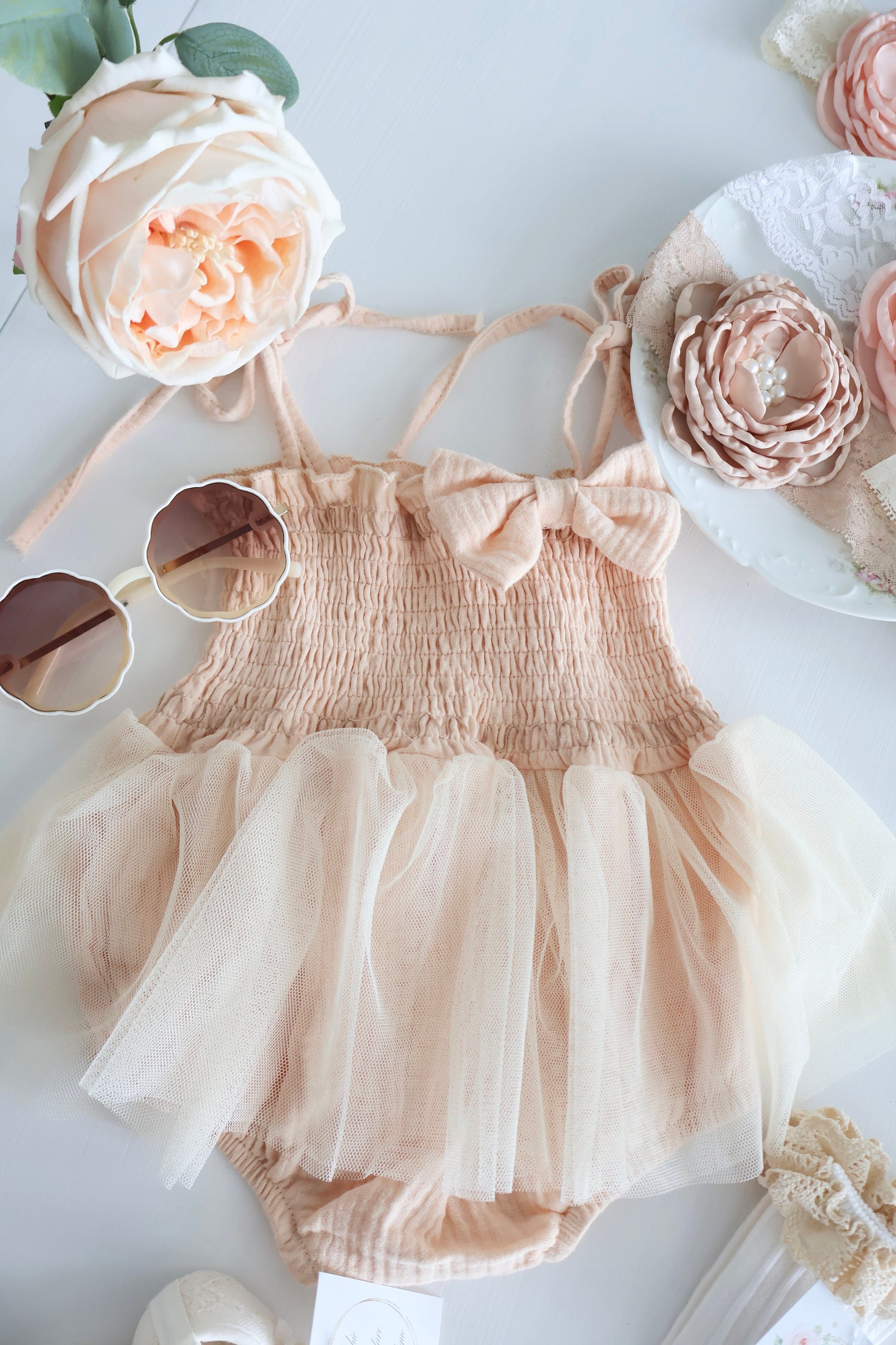 Baby Girl Christmas Boho Smocked Ballet Tutu Romper, Bow, Floral Crown Headband, Spring Summer 1st Birthday, Newborn Coming Home Ballerina