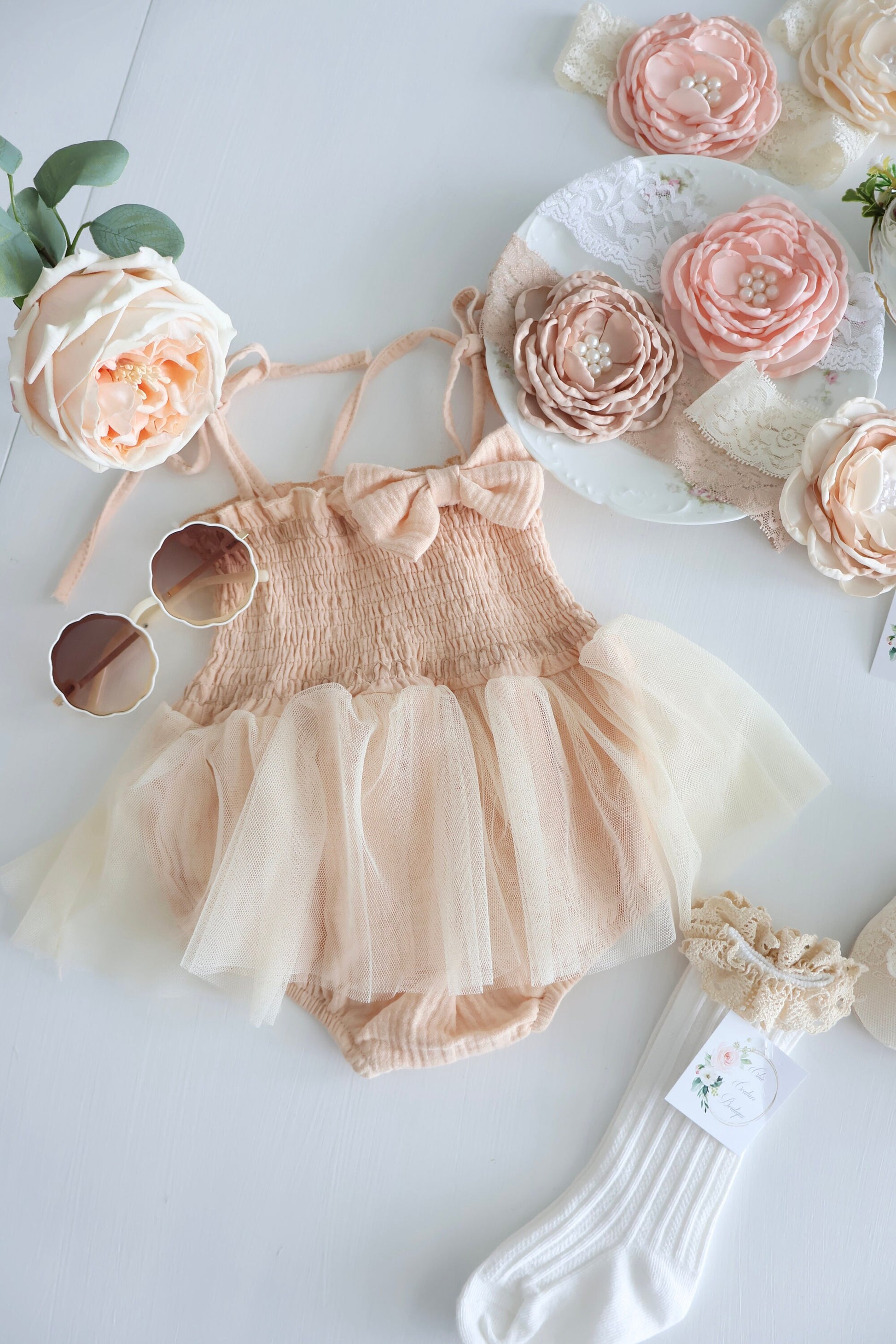 Easter Baby Girl Boho Smocked Ballet Tutu Romper, Bow, Floral Crown Headband, Spring Summer 1st Birthday, Newborn Coming Home Ballerina