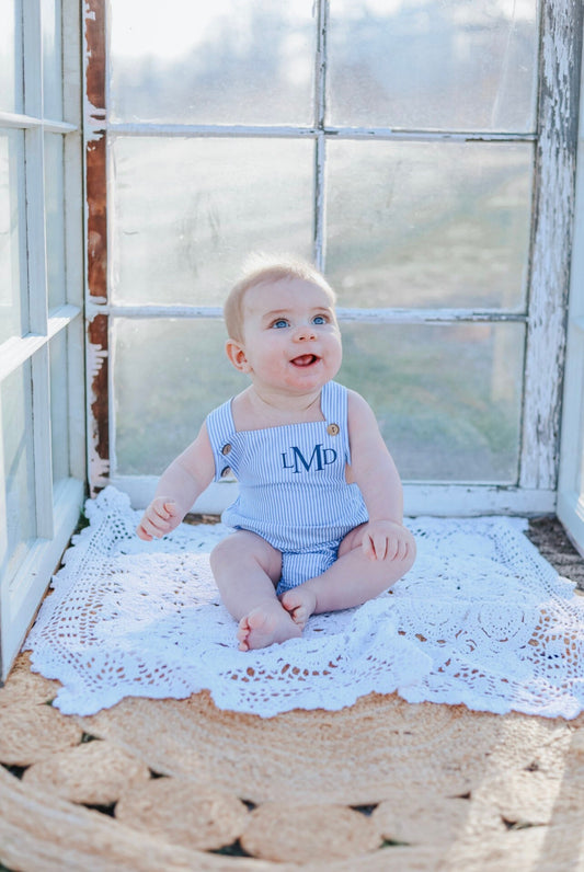 Summer Baby Boy Romper with Monogram or Name. Linen like or Seersucker Newborn Baby Boy Coming Home Outfit, 1st Birthday Outfit Newsboy Hat