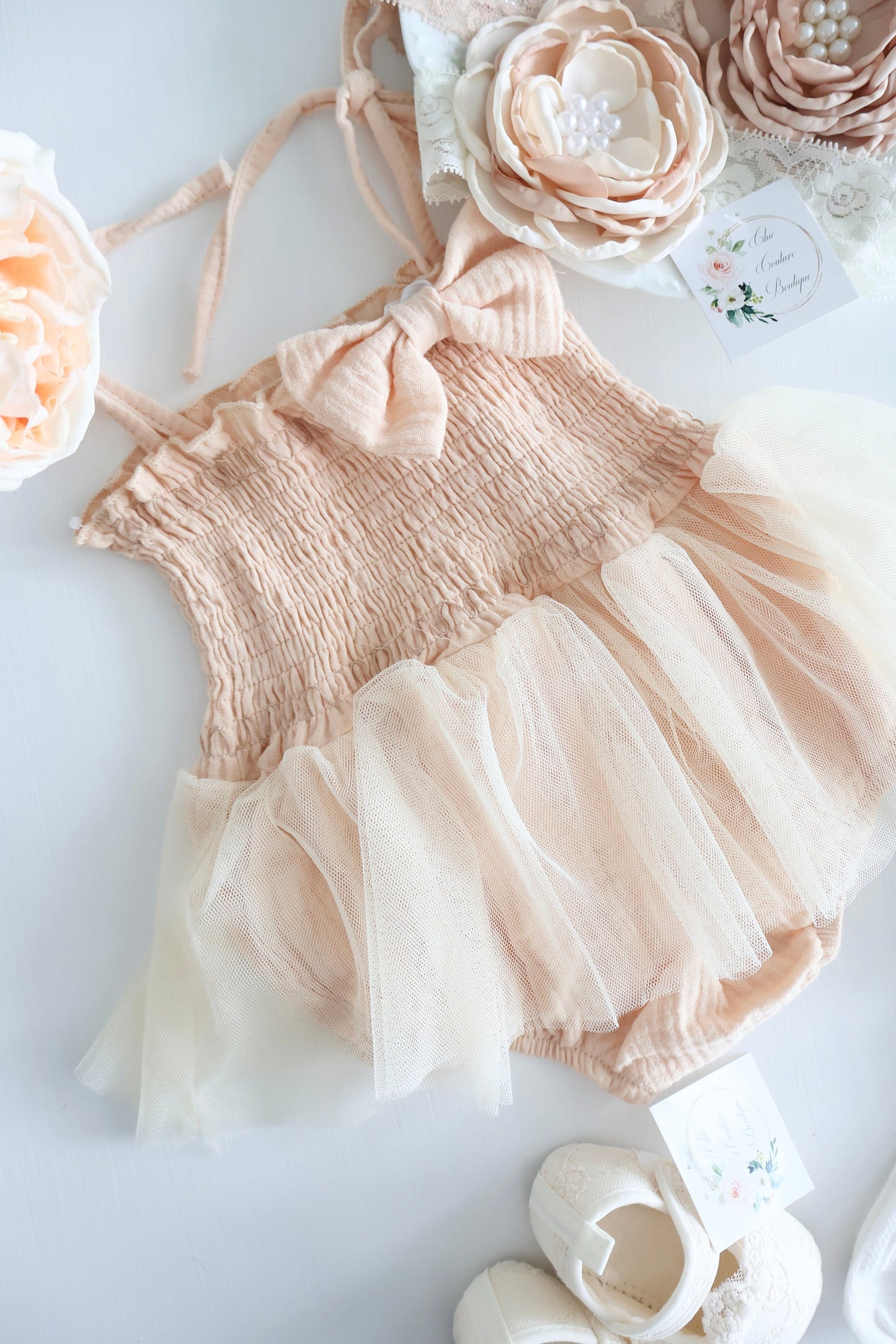 Baby Girl Christmas Boho Smocked Ballet Tutu Romper, Bow, Floral Crown Headband, Spring Summer 1st Birthday, Newborn Coming Home Ballerina