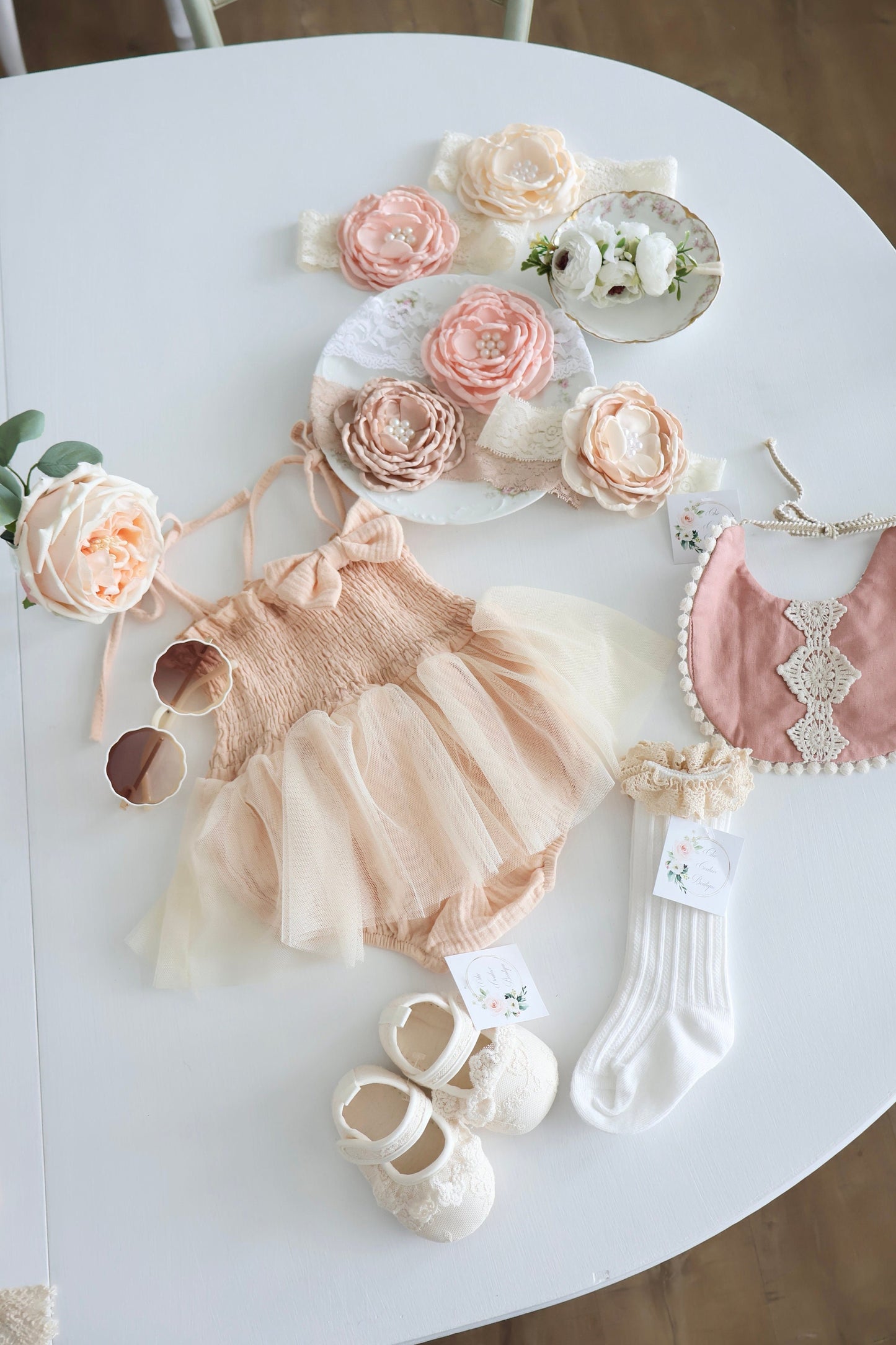Baby Girl Christmas Boho Smocked Ballet Tutu Romper, Bow, Floral Crown Headband, Spring Summer 1st Birthday, Newborn Coming Home Ballerina