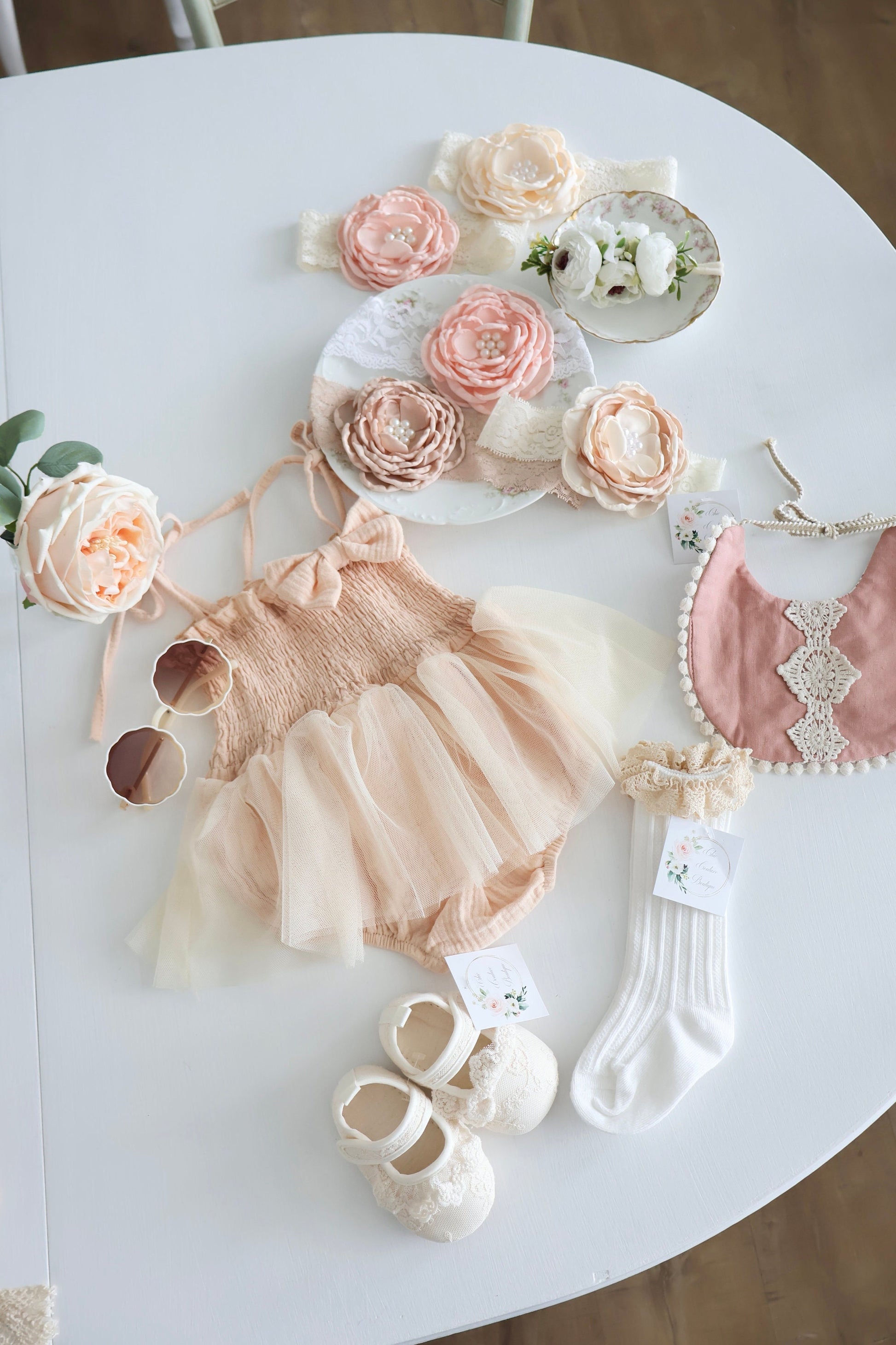 Baby Girl Christmas Boho Smocked Ballet Tutu Romper, Bow, Floral Crown Headband, Spring Summer 1st Birthday, Newborn Coming Home Ballerina