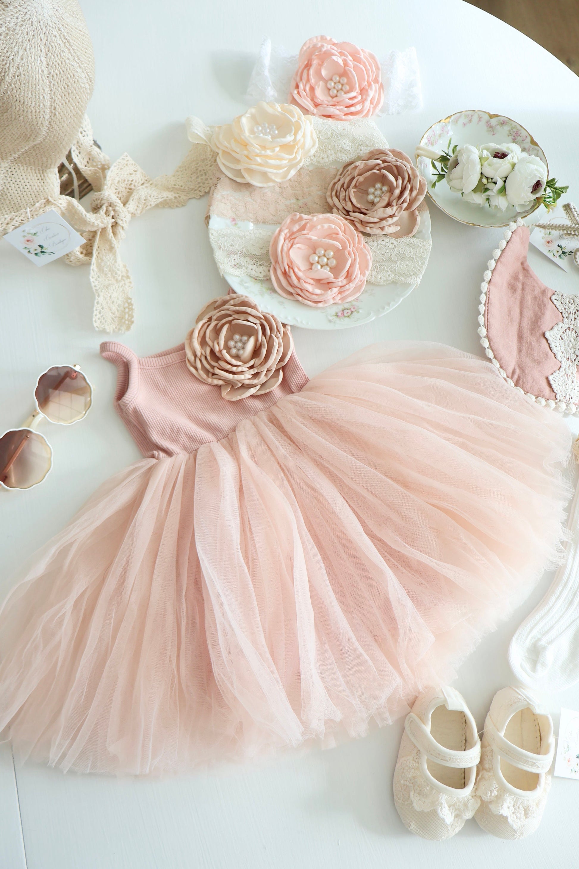 Baby Girl Blush Pink Boho Smocked Ballet Tutu Dress, Bow, Floral Crown Headband, Summer 1st Birthday, Newborn Coming Home Outfit Pettiskirt