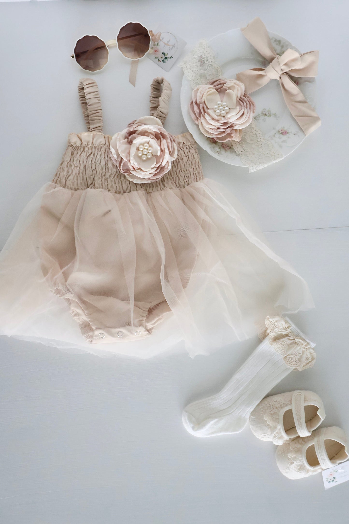 Boho Baby Tulle Dress Romper, Lovely Neutral Lace, Rose Bow, Coming Home Outfit, Summer Dress, 4th of July, Baby Shower Gift Wedding Newborn
