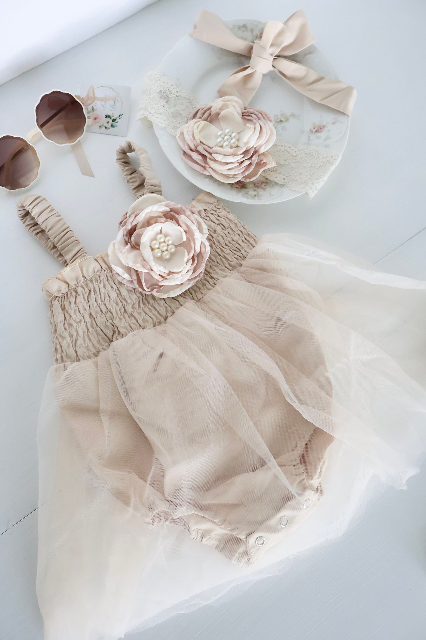 Boho Baby Tulle Dress Romper, Lovely Neutral Lace, Rose Bow, Coming Home Outfit, Summer Dress, 4th of July, Baby Shower Gift Wedding Newborn