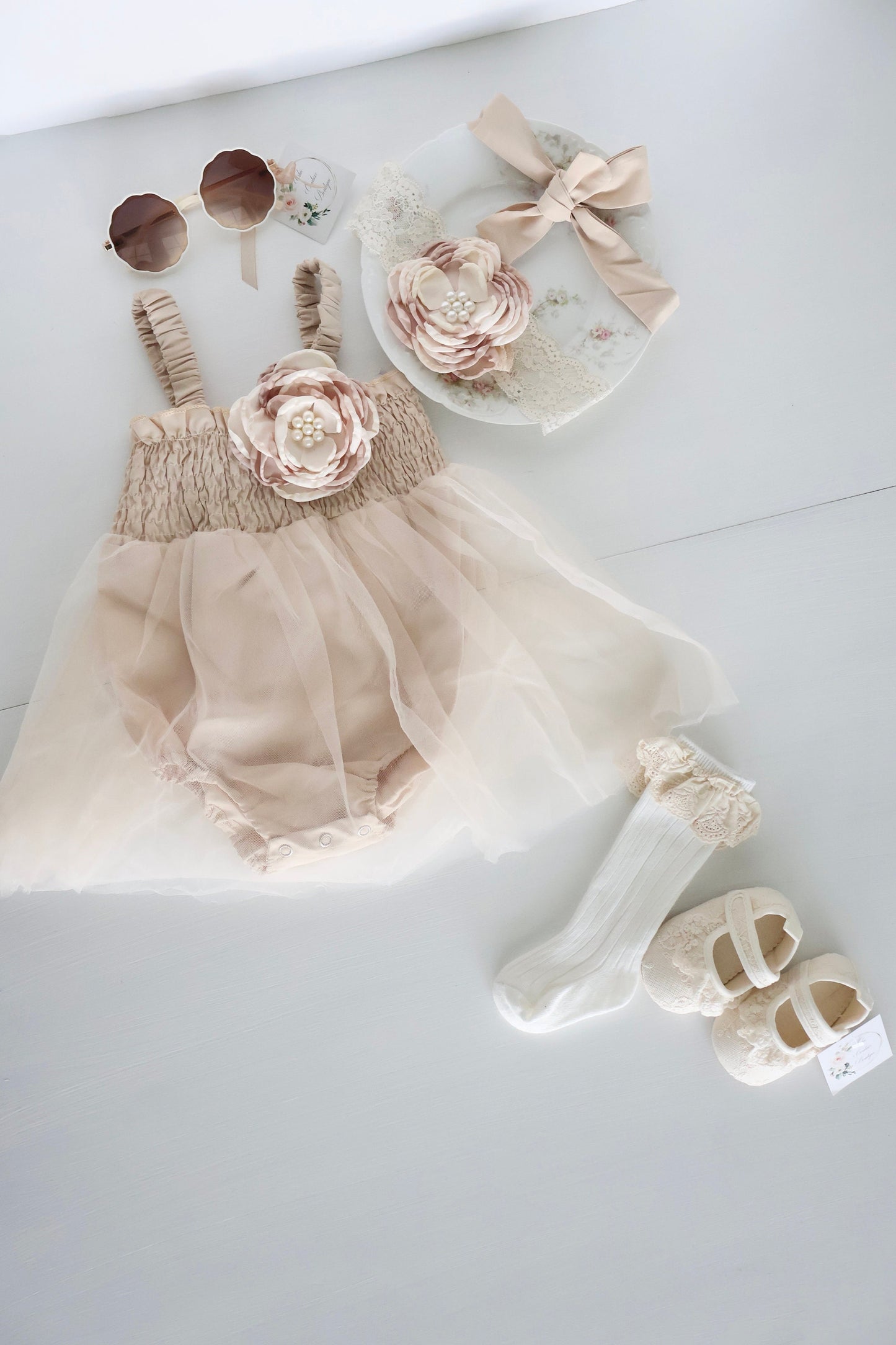 Boho Baby Tulle Dress Romper, Lovely Neutral Lace, Rose Bow, Coming Home Outfit, Summer Dress, 4th of July, Baby Shower Gift Wedding Newborn