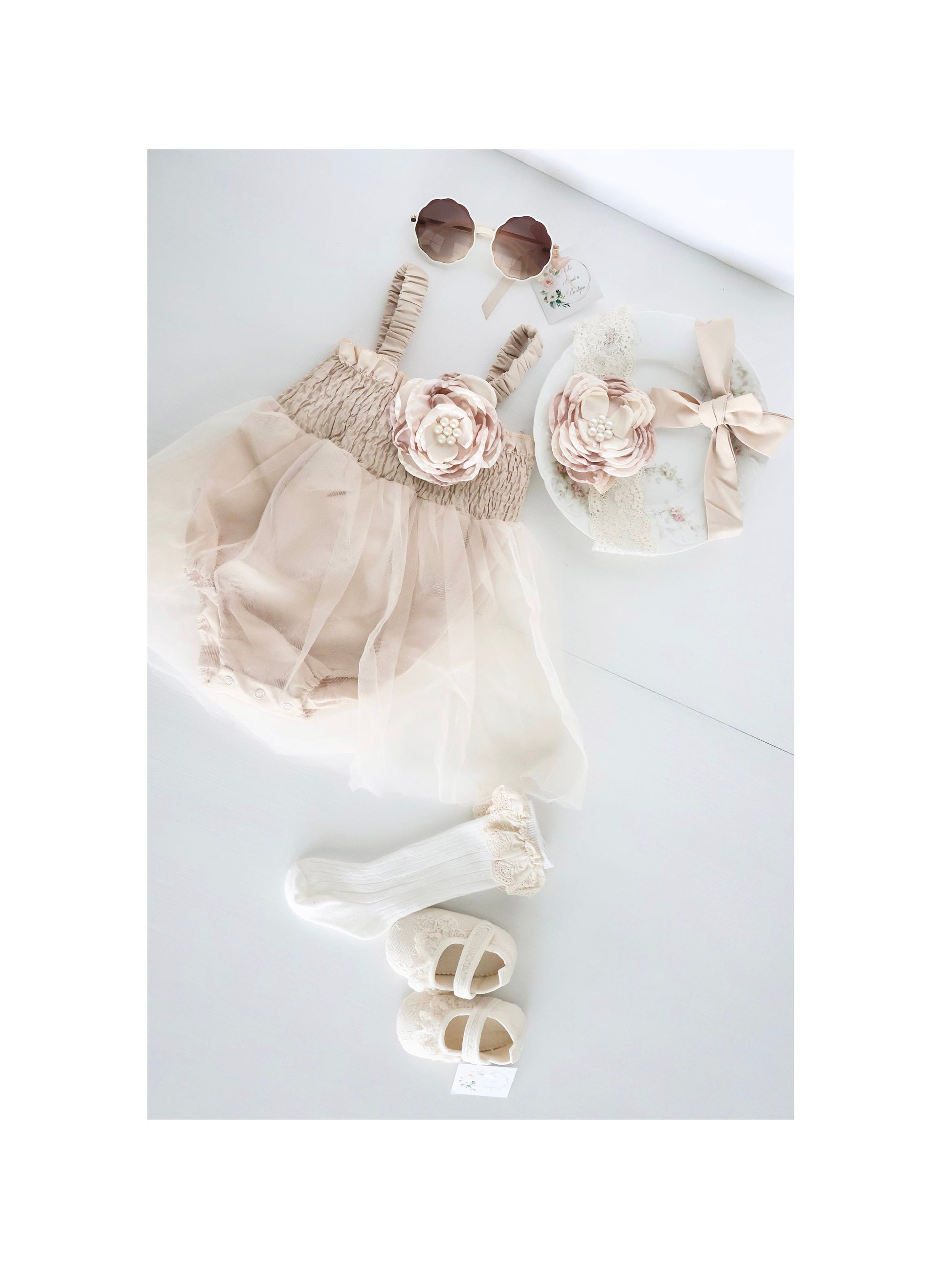 Baby Girl Christmas in July Boho Tulle Dress Romper Lovely Neutral Lace Rose Bow Coming Home Outfit Baby Shower Gift Newborn Thanksgiving