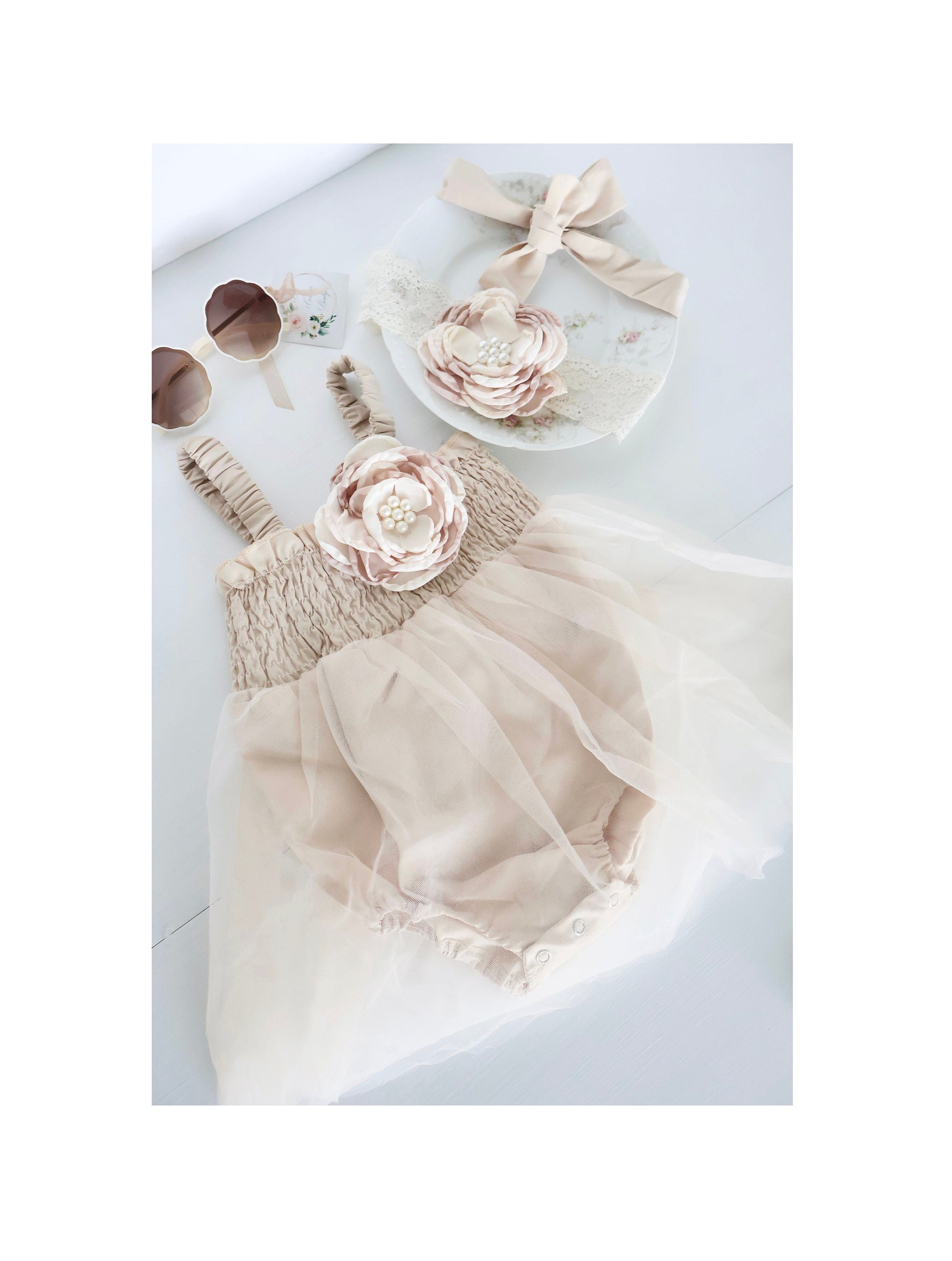 Boho Baby Tulle Dress Romper, Lovely Neutral Lace, Rose Bow, Coming Home Outfit, Summer Dress, 4th of July, Baby Shower Gift Wedding Newborn