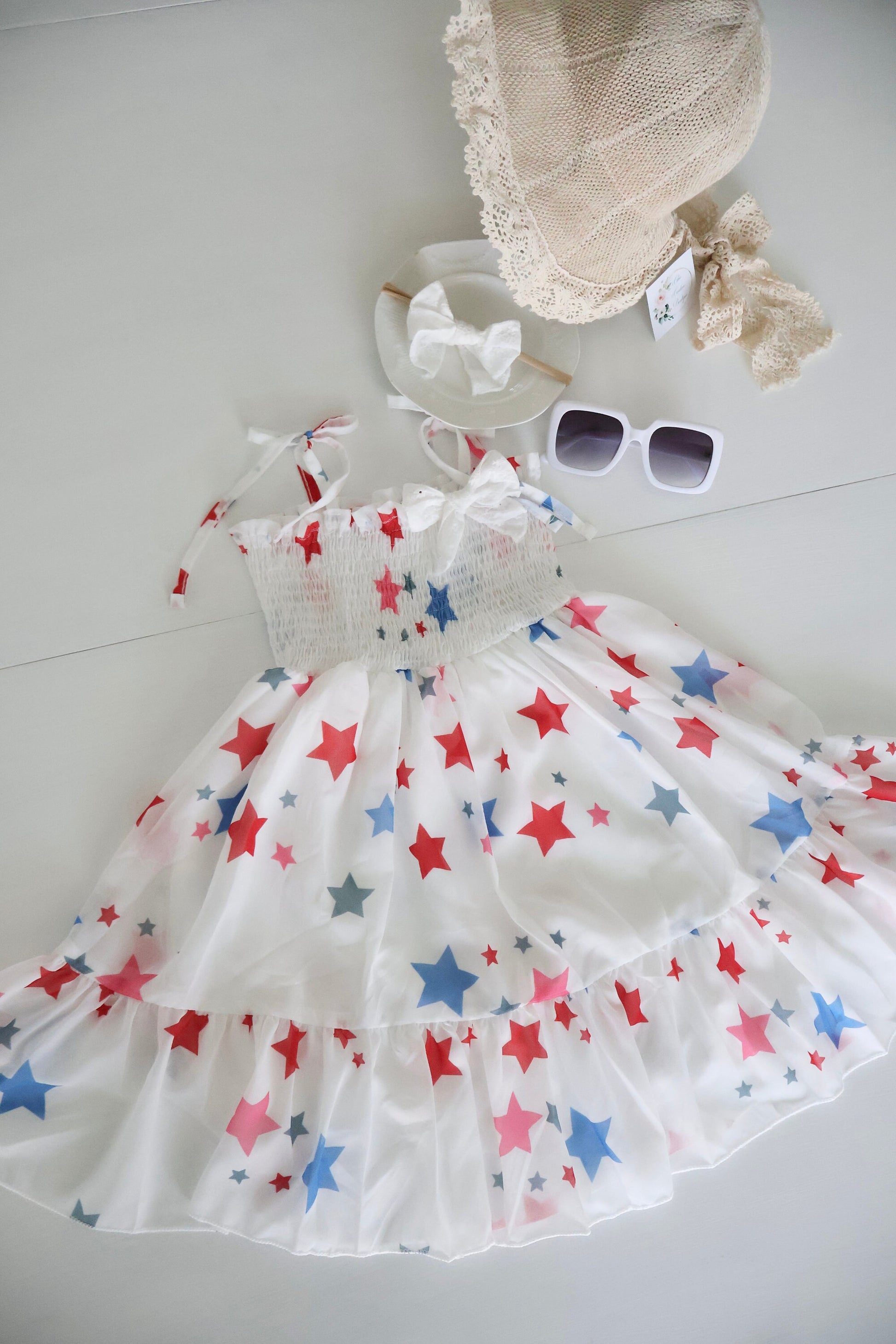 Size 3 months - 4T 4th of July Tulle Dress. Independence Day Dress Stars and Stripes. Red white and Blue. Summer, Sunhat, Sunglasses, Baby