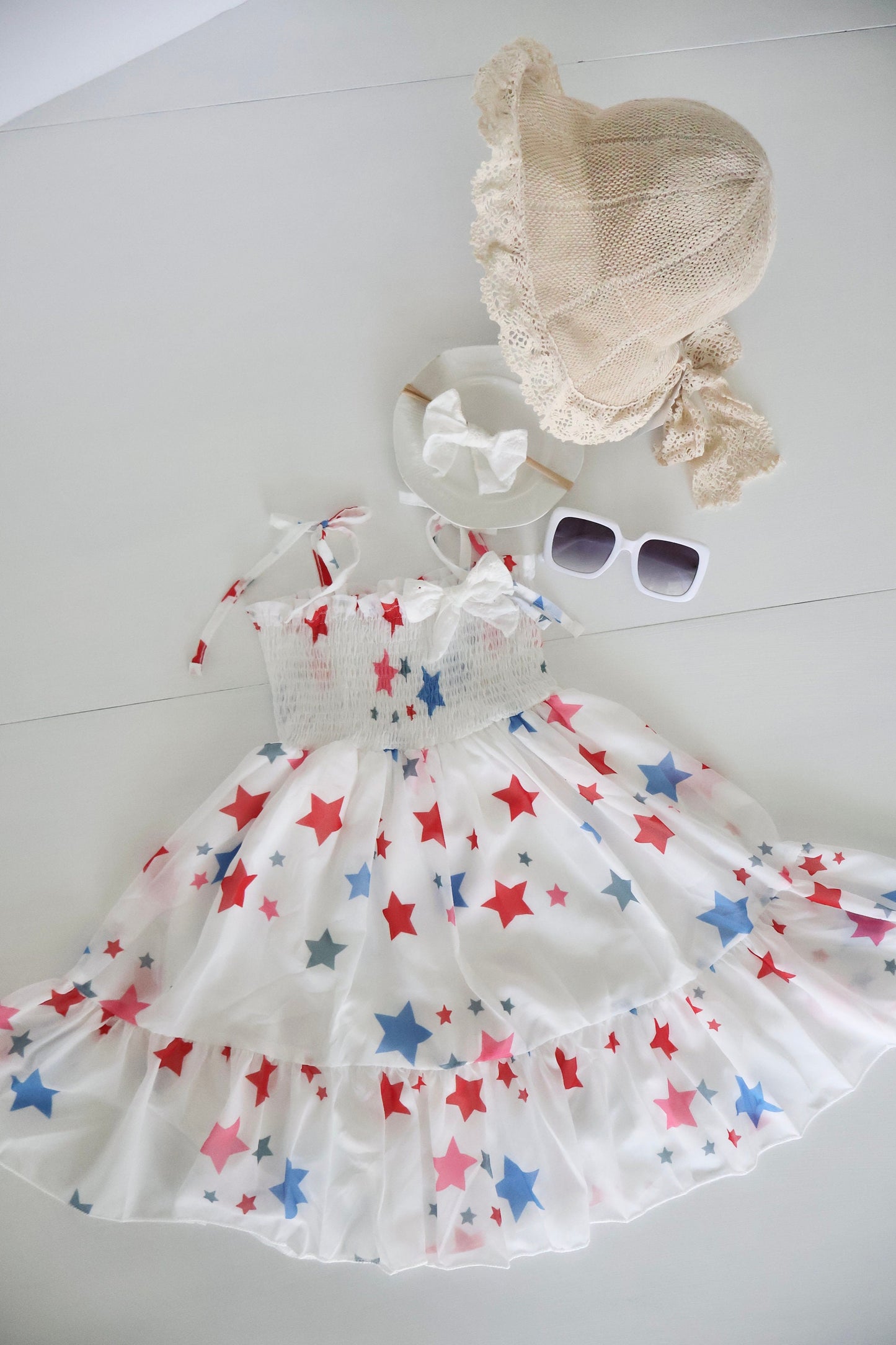 Size 3 months - 4T 4th of July Tulle Dress. Independence Day Dress Stars and Stripes. Red white and Blue. Summer, Sunhat, Sunglasses, Baby