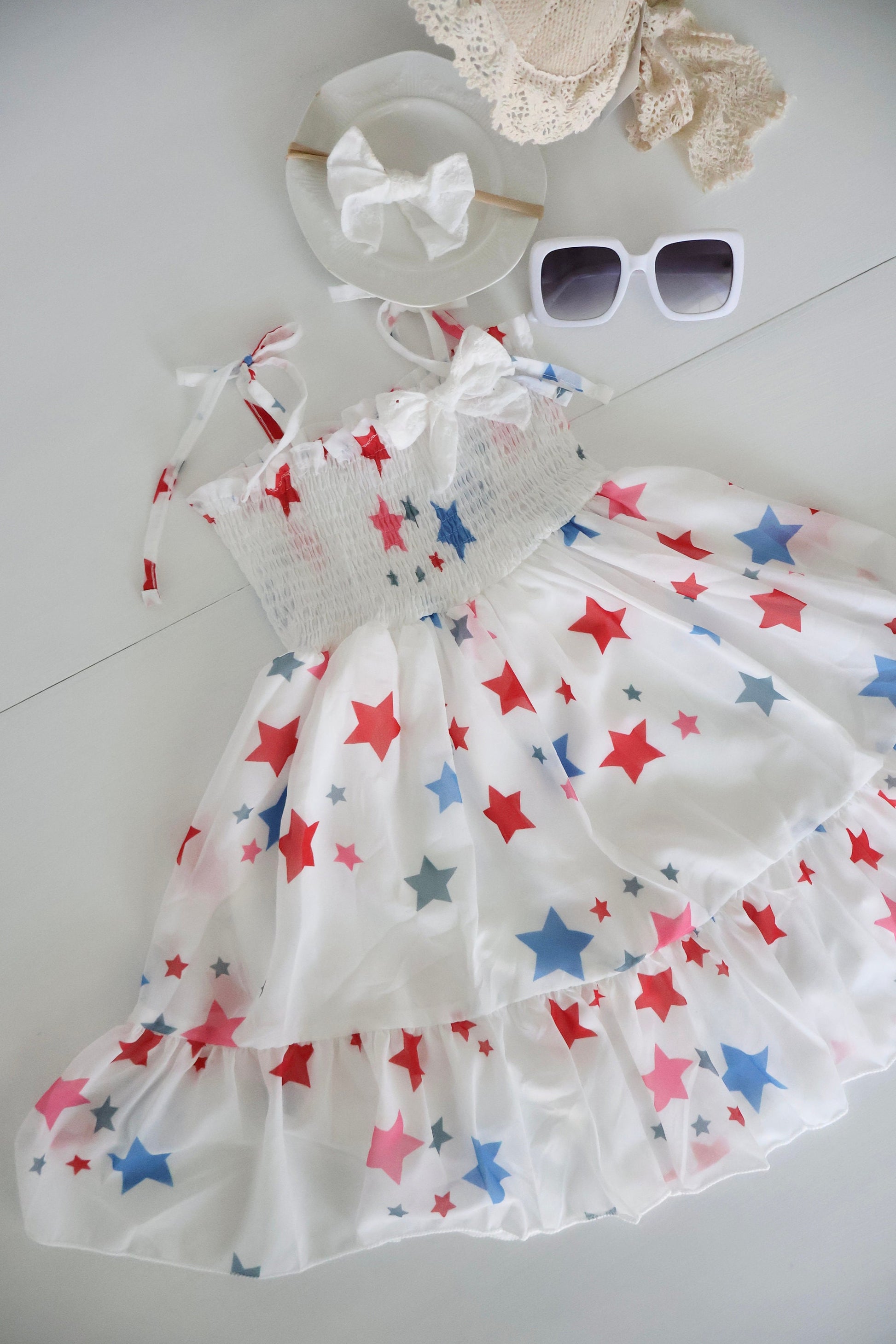 Size 3 months - 4T 4th of July Tulle Dress. Independence Day Dress Stars and Stripes. Red white and Blue. Summer, Sunhat, Sunglasses, Baby