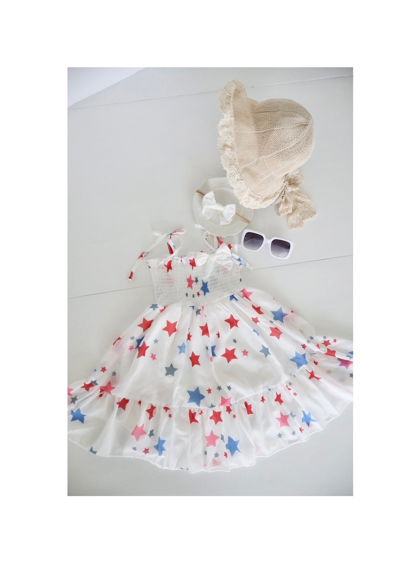 Size 3 months - 4T 4th of July Tulle Dress. Independence Day Dress Stars and Stripes. Red white and Blue. Summer, Sunhat, Sunglasses, Baby