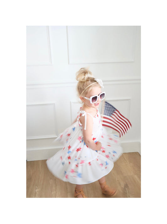 Size 3 months - 4T 4th of July Tulle Dress. Independence Day Dress Stars and Stripes. Red white and Blue. Summer, Sunhat, Sunglasses, Baby