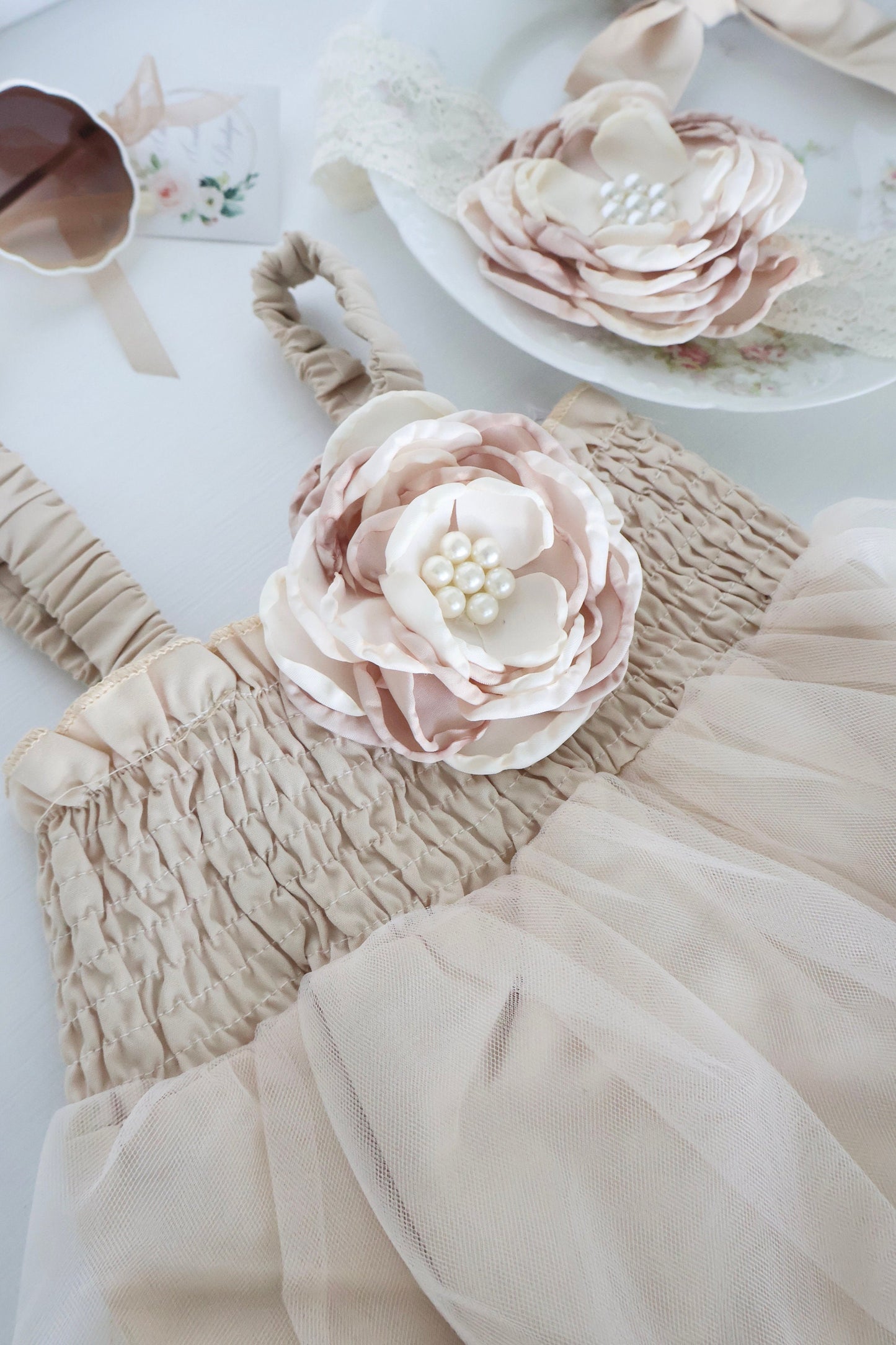 Boho Baby Tulle Dress Romper, Lovely Neutral Lace, Rose Bow, Coming Home Outfit, Summer Dress, 4th of July, Baby Shower Gift Wedding Newborn