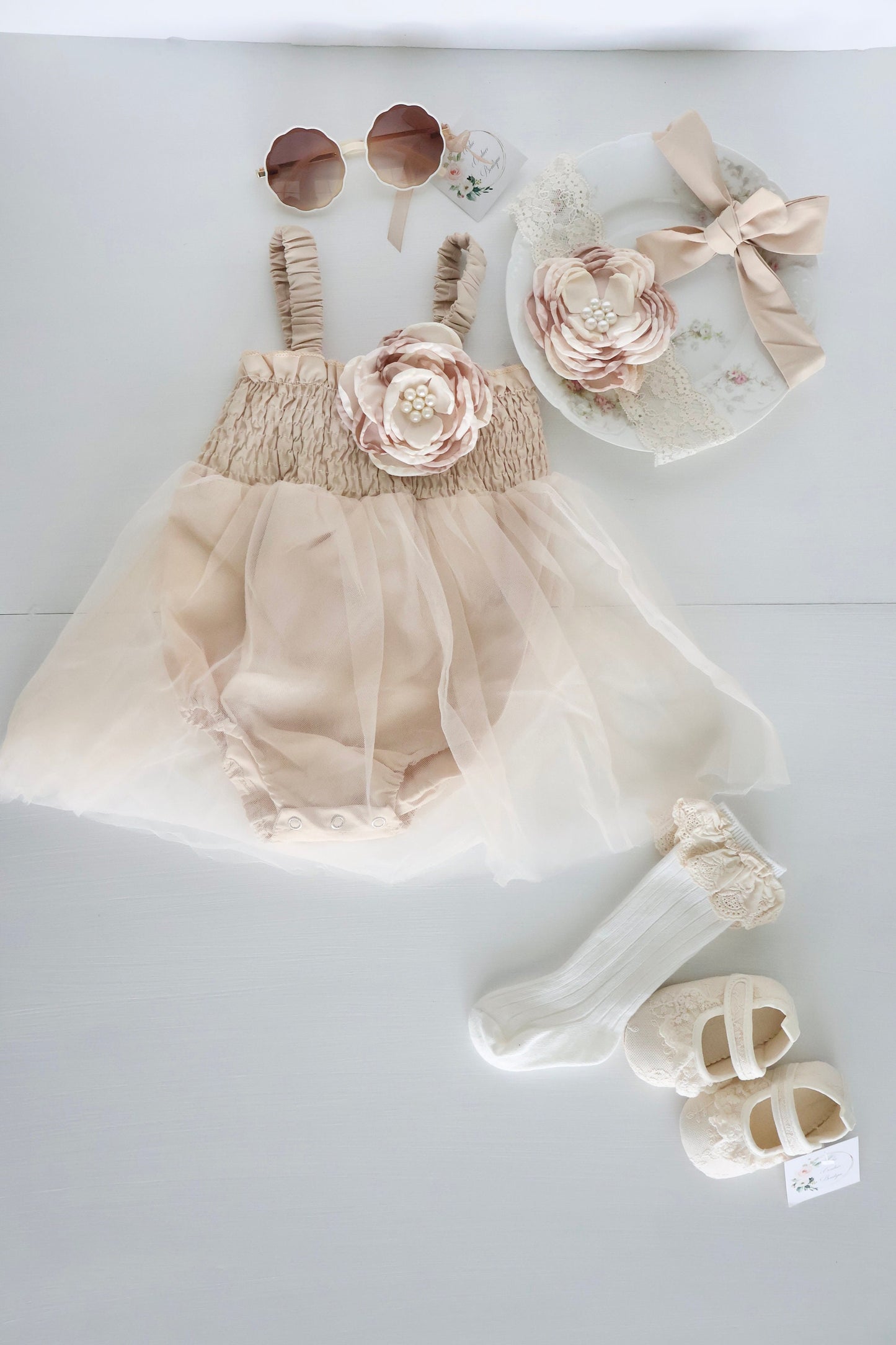 Boho Baby Tulle Dress Romper, Lovely Neutral Lace, Rose Bow, Coming Home Outfit, Summer Dress, 4th of July, Baby Shower Gift Wedding Newborn