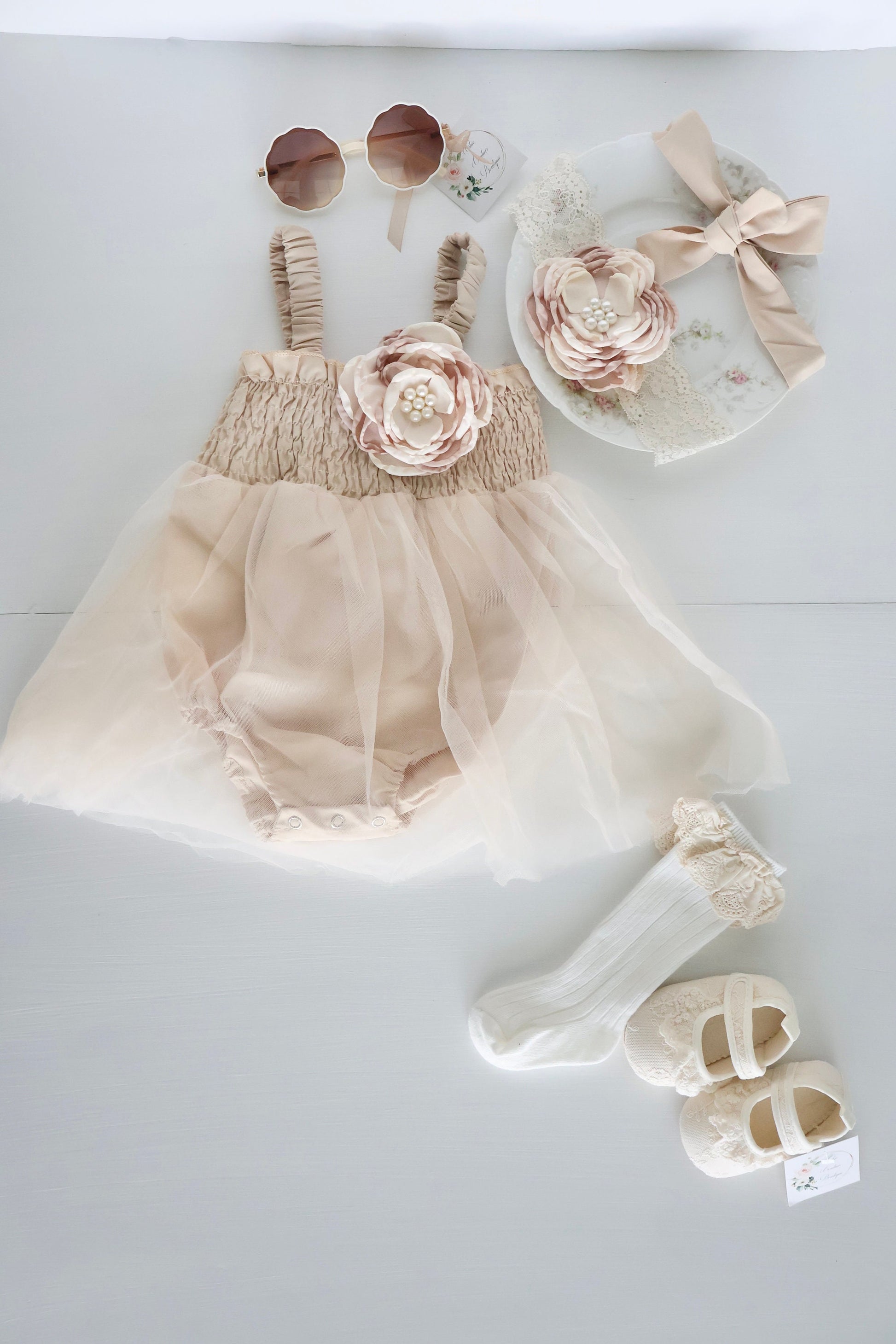 Boho Baby Tulle Dress Romper, Lovely Neutral Lace, Rose Bow, Coming Home Outfit, Summer Dress, 4th of July, Baby Shower Gift Wedding Newborn