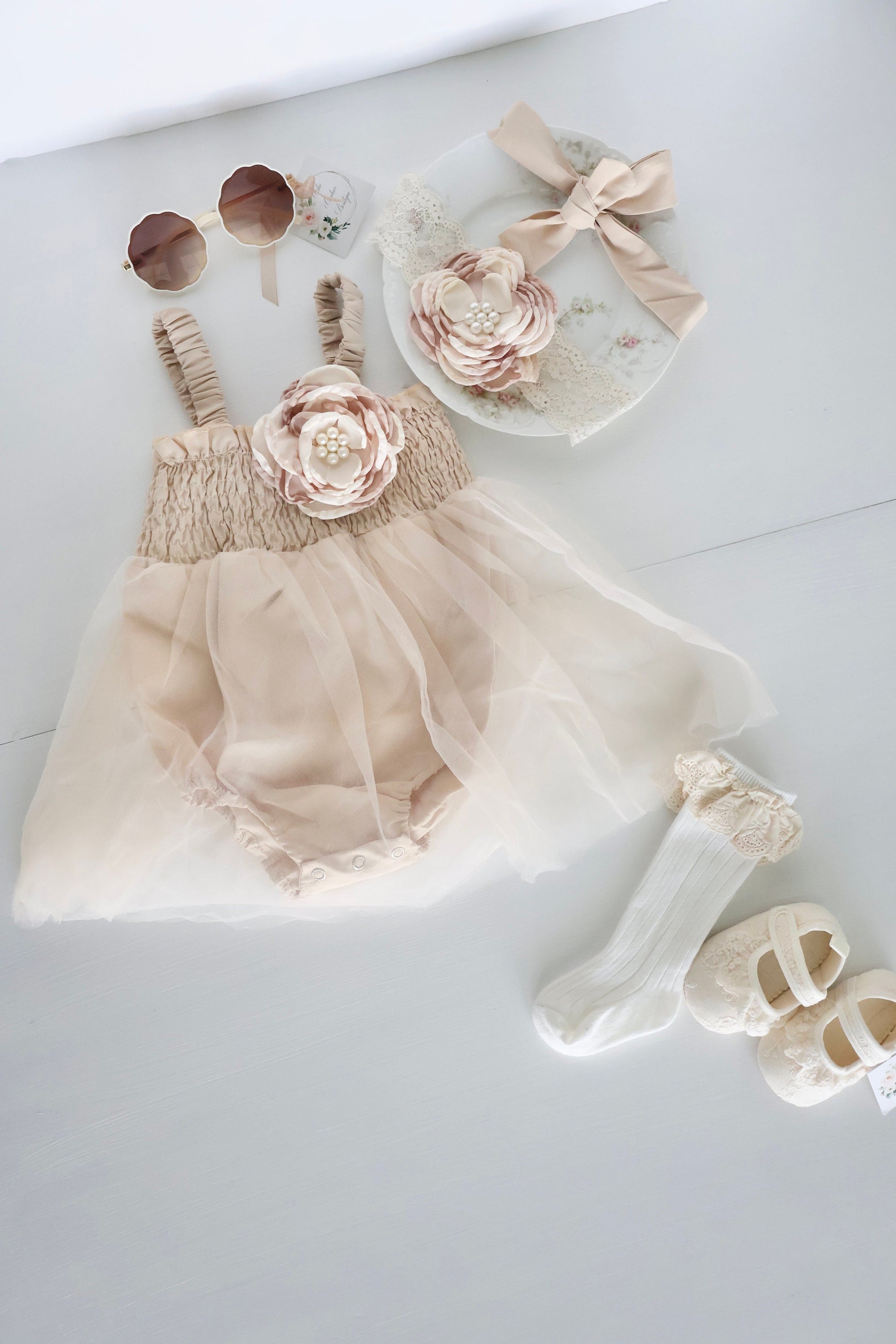 Boho Baby Tulle Dress Romper, Lovely Neutral Lace, Rose Bow, Coming Home Outfit, Summer Dress, 4th of July, Baby Shower Gift Wedding Newborn