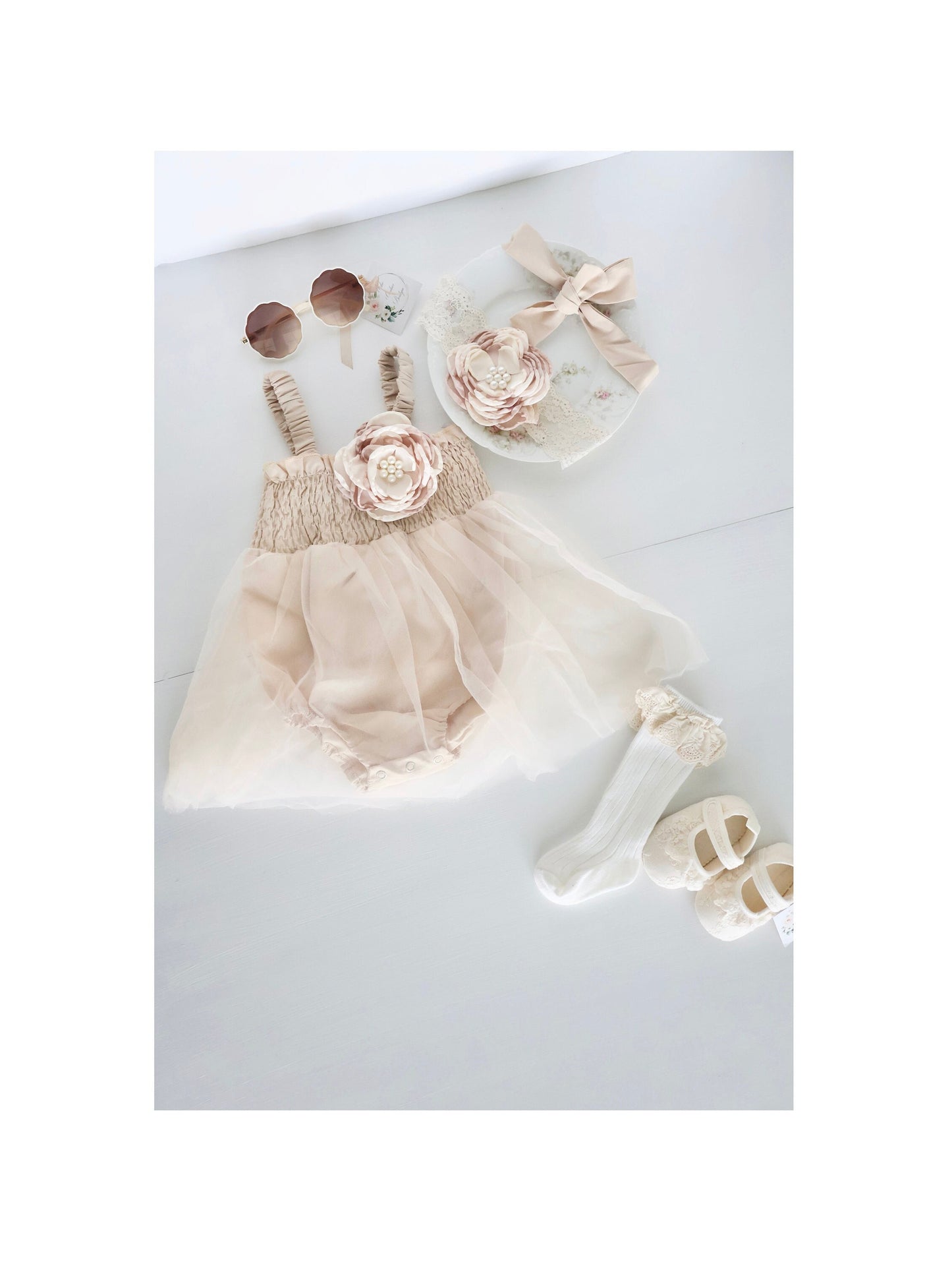 Baby Girl Christmas in July Boho Tulle Dress Romper Lovely Neutral Lace Rose Bow Coming Home Outfit Baby Shower Gift Newborn Thanksgiving