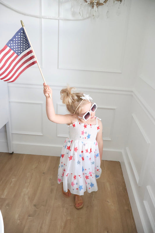 Size 3 months - 4T 4th of July Tulle Dress. Independence Day Dress Stars and Stripes. Red white and Blue. Summer, Sunhat, Sunglasses, Baby