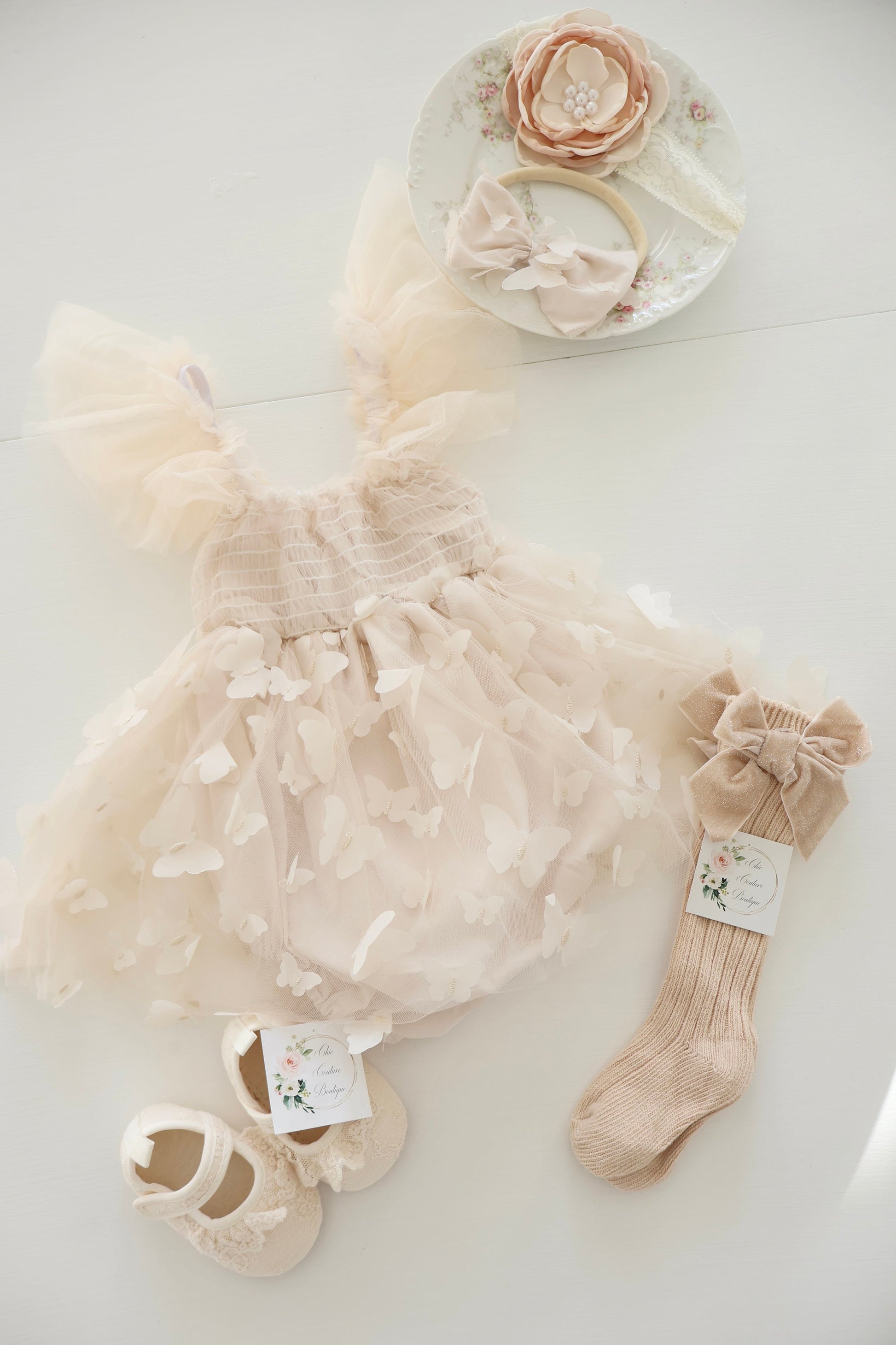 Baby Girl Christmas Holiday Boho Butterfly Tulle Dress Romper, Neutral Lace Bow, Coming Home Outfit Fall Thanksgiving Baby Shower Newborn