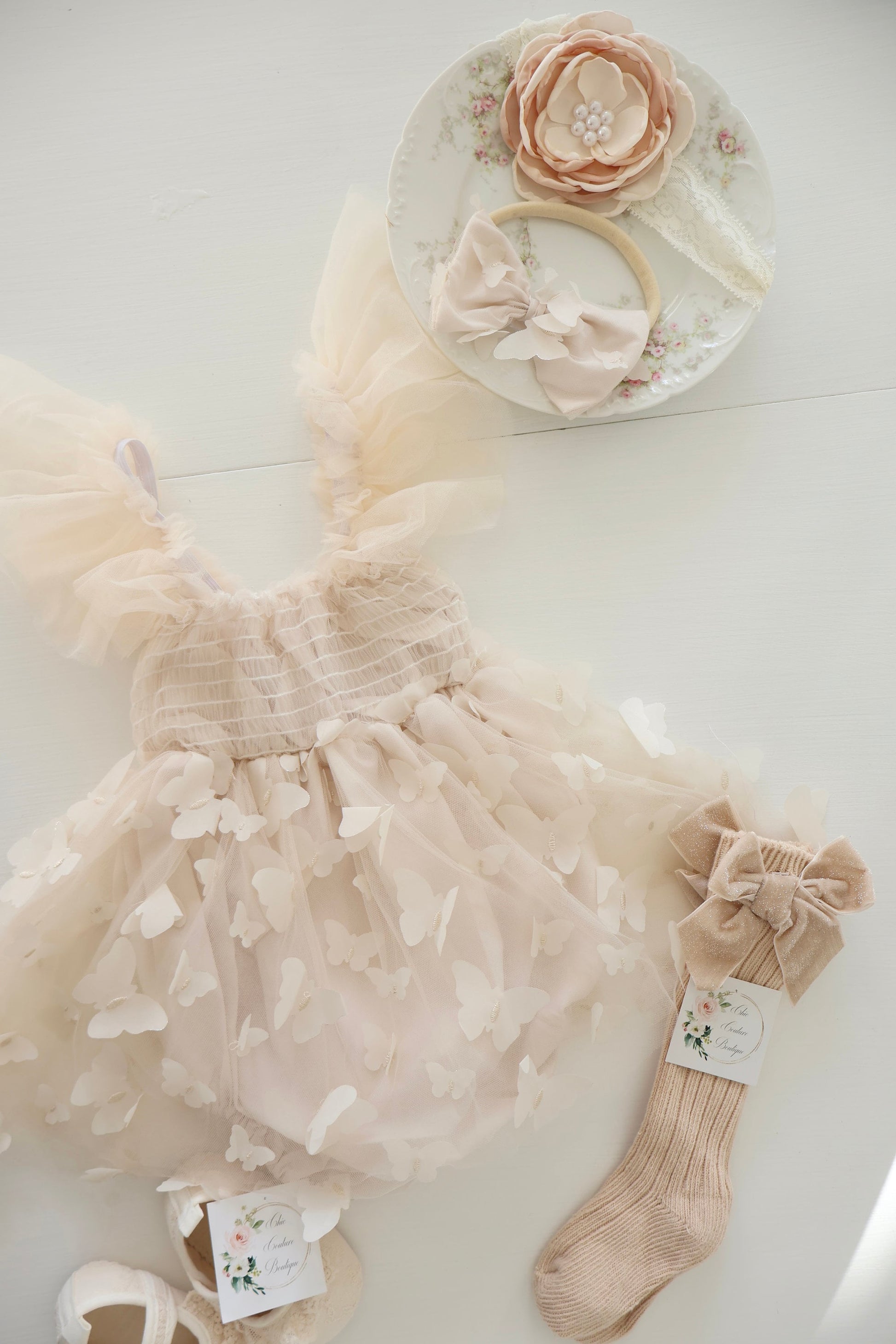Baby Girl Christmas Holiday Boho Butterfly Tulle Dress Romper, Neutral Lace Bow, Coming Home Outfit Fall Thanksgiving Baby Shower Newborn