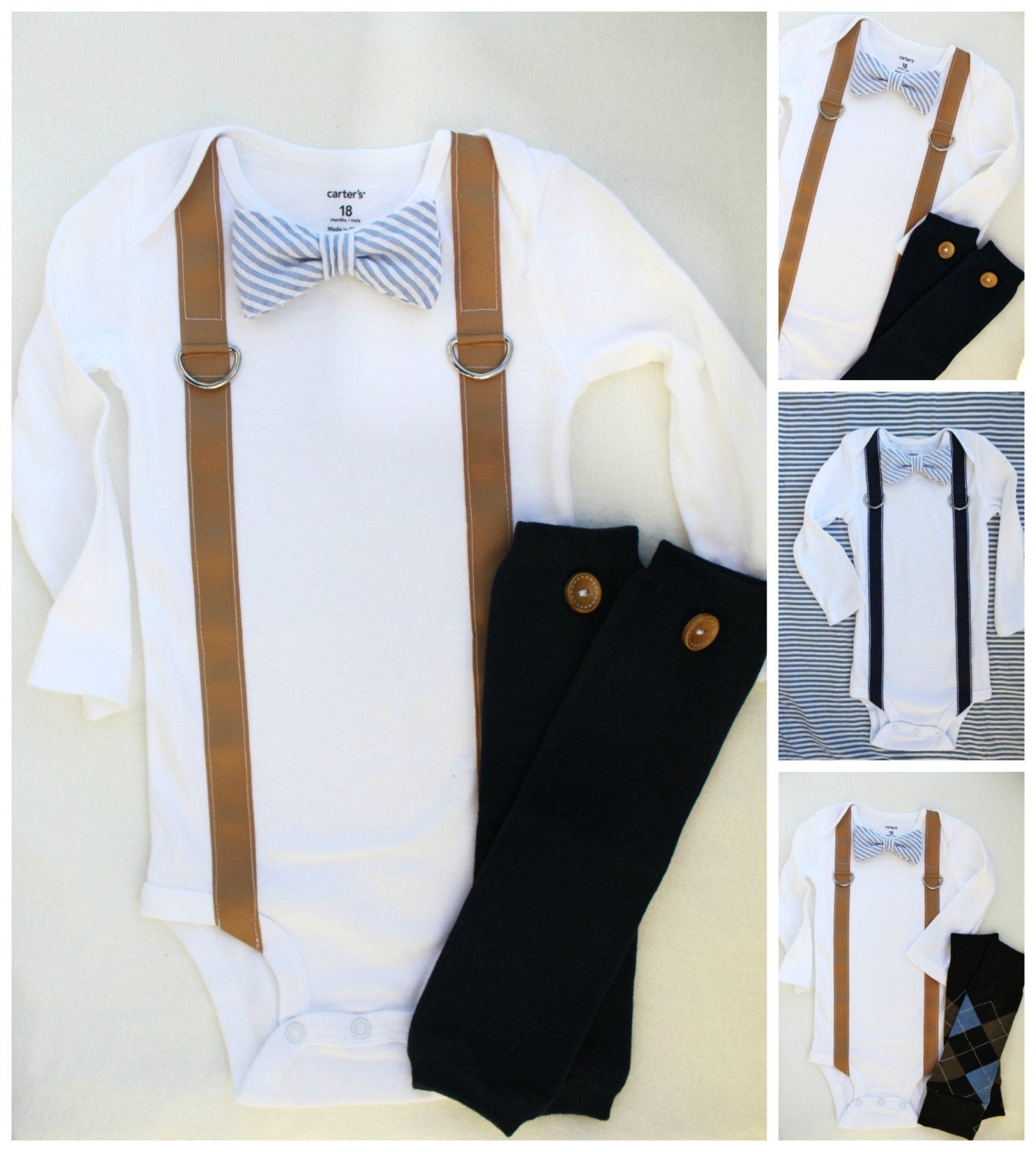 Baby Boy Baby Blue Seersucker Bow Tie Suspenders Bodysuit & Wood Button Leg Warmers. 1st First Birthday Outfit, Tan Blue Gift, Holiday