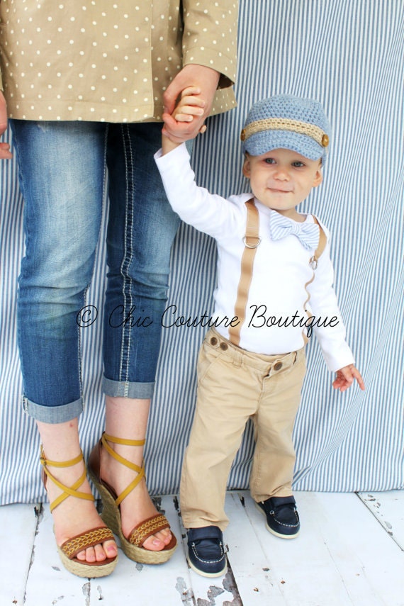 Baby Boy Baby Blue Seersucker Bow Tie Suspenders Bodysuit & Wood Button Leg Warmers. 1st First Birthday Outfit, Tan Blue Gift, Holiday